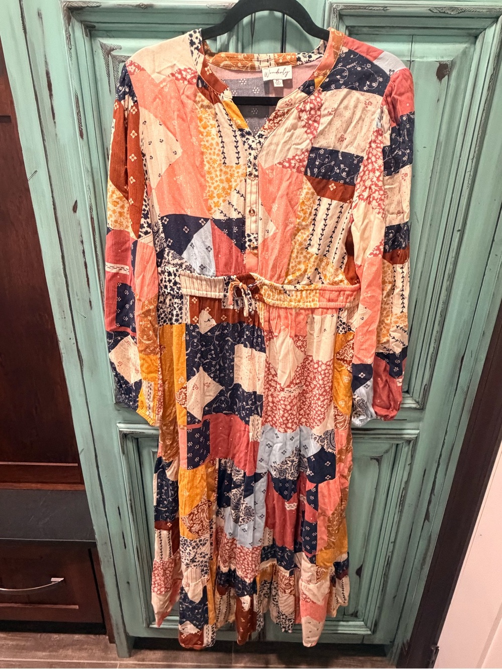 Wonderly Patchwork Maxi Dress in Coral, Navy & Mustard